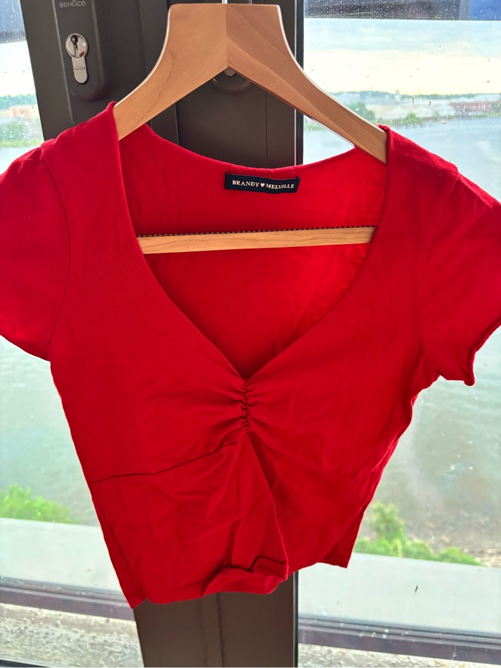 Brandy Melville Bright Red Ruched V-Neck Crop Top